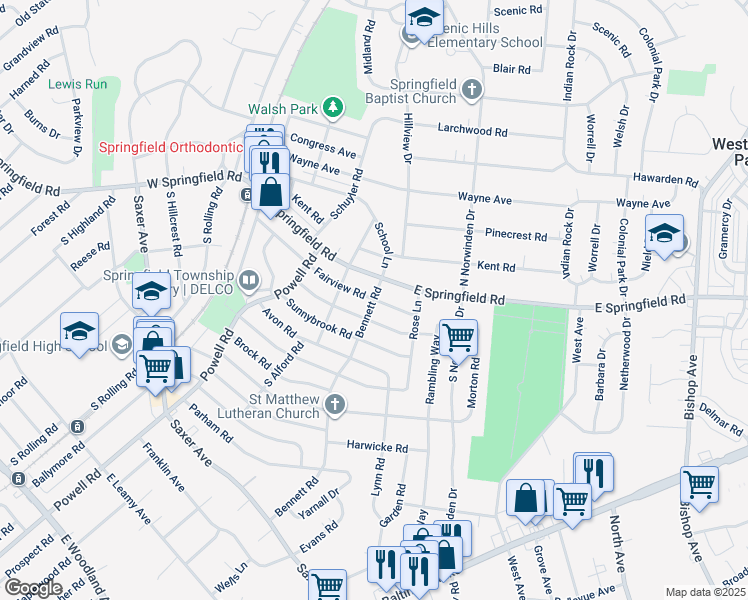 map of restaurants, bars, coffee shops, grocery stores, and more near 25 Bennett Rd in Springfield