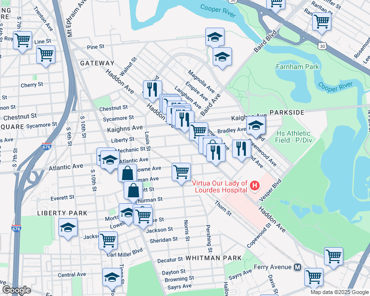 map of restaurants, bars, coffee shops, grocery stores, and more near 1427 Norris Street in Camden