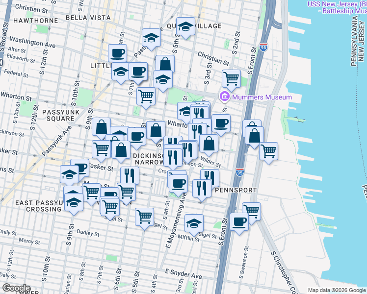 map of restaurants, bars, coffee shops, grocery stores, and more near 1429 South 4th Street in Philadelphia