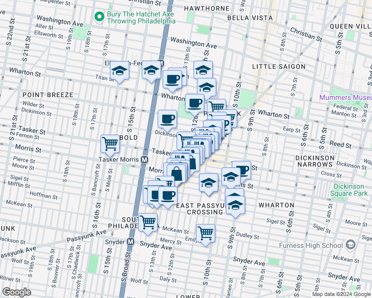 map of restaurants, bars, coffee shops, grocery stores, and more near 1531 South Camac Street in Philadelphia