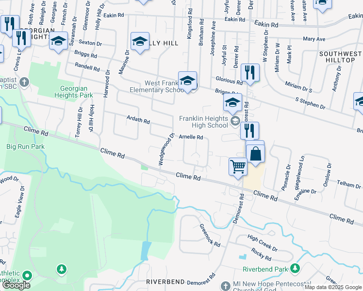 map of restaurants, bars, coffee shops, grocery stores, and more near 1125 Mccarley Drive West in Columbus