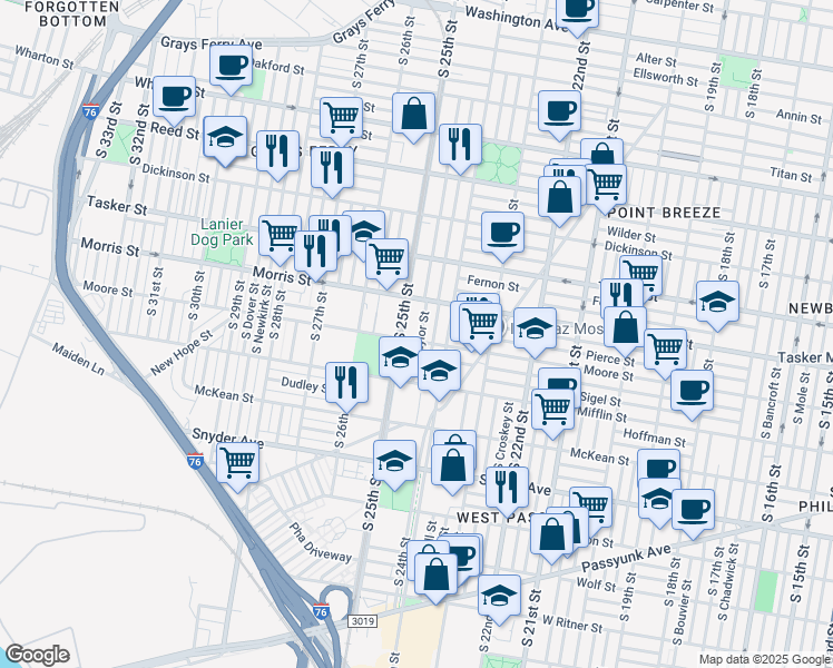 map of restaurants, bars, coffee shops, grocery stores, and more near 1808 South Ringgold Street in Philadelphia