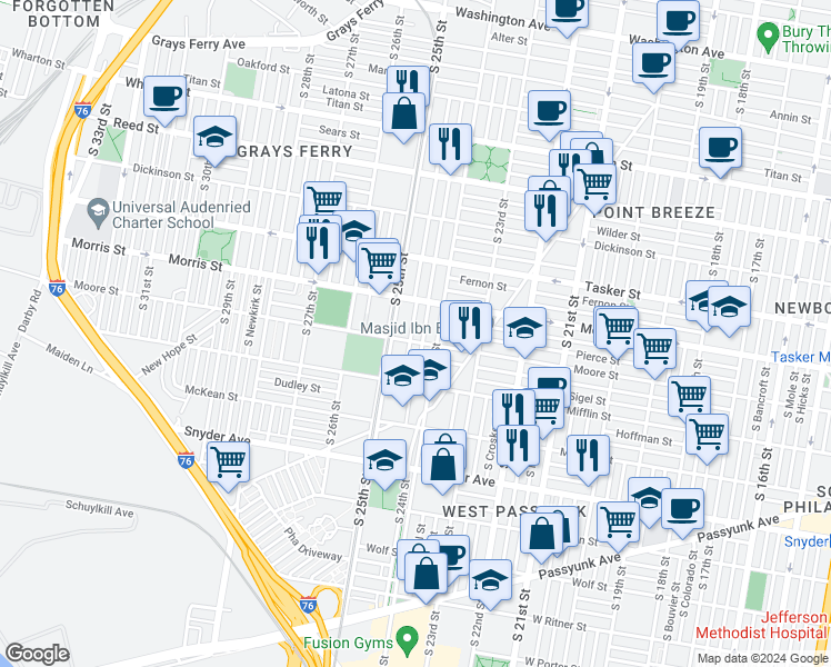 map of restaurants, bars, coffee shops, grocery stores, and more near 1747 South Taylor Street in Philadelphia