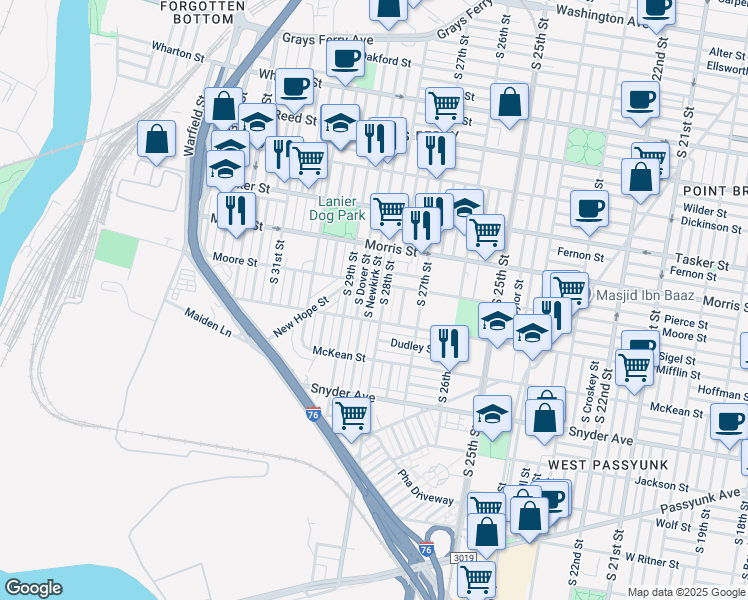 map of restaurants, bars, coffee shops, grocery stores, and more near 1815 South Newkirk Street in Philadelphia