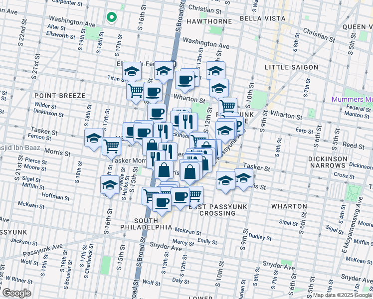 map of restaurants, bars, coffee shops, grocery stores, and more near 1537 South 13th Street in Philadelphia