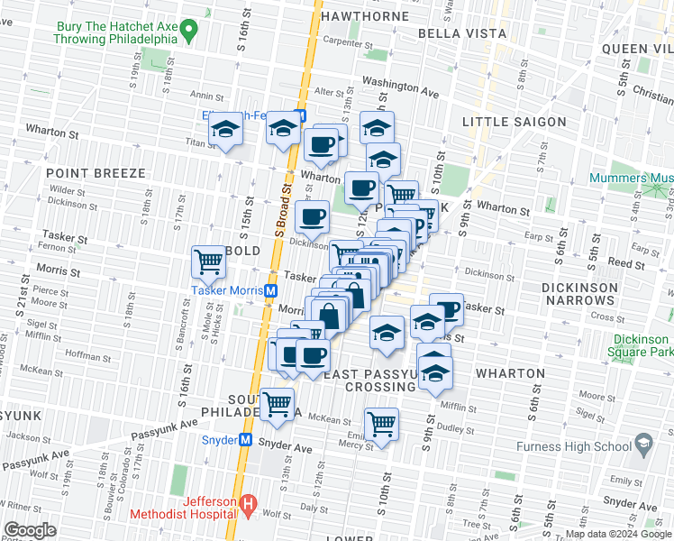 map of restaurants, bars, coffee shops, grocery stores, and more near 1535 South Iseminger Street in Philadelphia