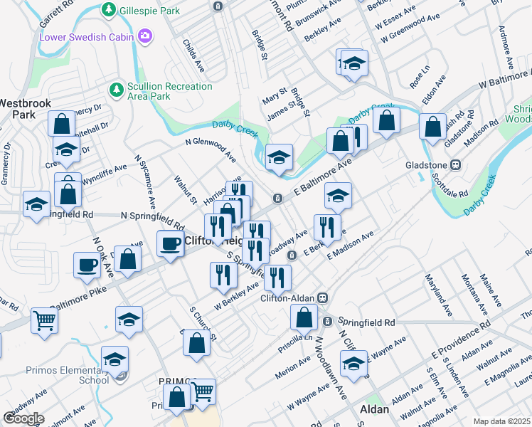 map of restaurants, bars, coffee shops, grocery stores, and more near 37 S Penn St in Clifton Heights