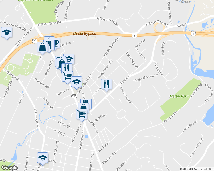 map of restaurants, bars, coffee shops, grocery stores, and more near 221 Summit Road in Media