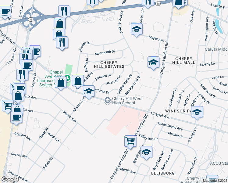 map of restaurants, bars, coffee shops, grocery stores, and more near 400 Tanforan Drive in Cherry Hill