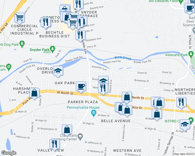 map of restaurants, bars, coffee shops, grocery stores, and more near 1314 Broadway Street in Springfield