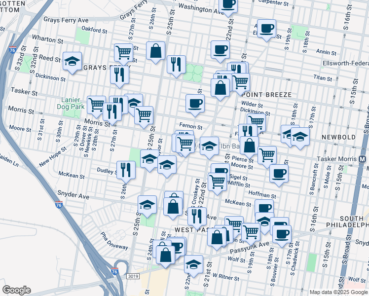 map of restaurants, bars, coffee shops, grocery stores, and more near 2317 Pierce Street in Philadelphia