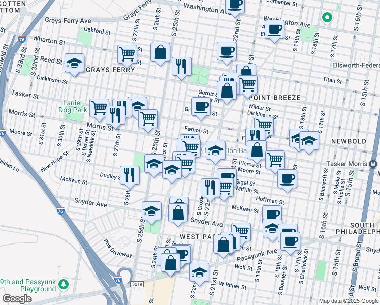 map of restaurants, bars, coffee shops, grocery stores, and more near 2317 Pierce Street in Philadelphia