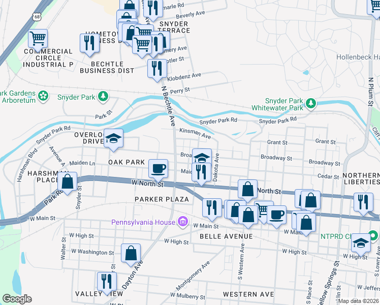 map of restaurants, bars, coffee shops, grocery stores, and more near 1323 Broadway Street in Springfield