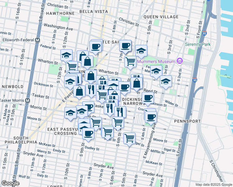 map of restaurants, bars, coffee shops, grocery stores, and more near 1501 South 7th Street in Philadelphia