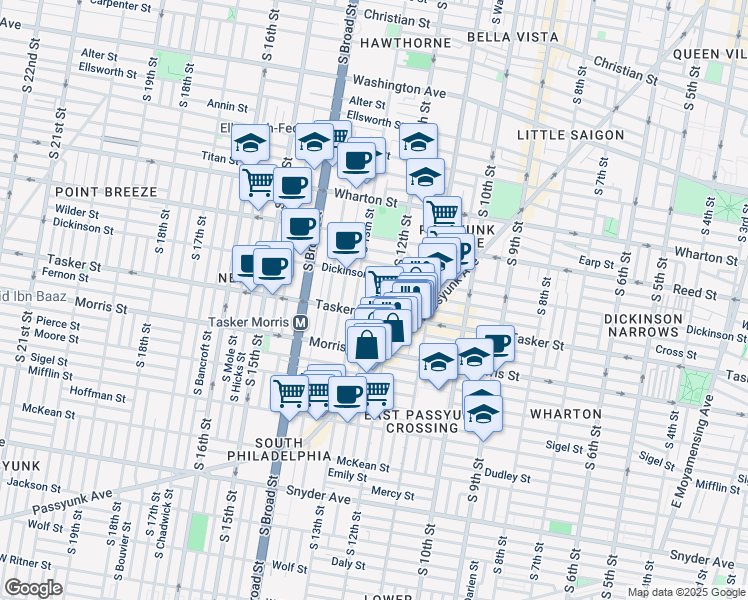 map of restaurants, bars, coffee shops, grocery stores, and more near 1535 South Iseminger Street in Philadelphia