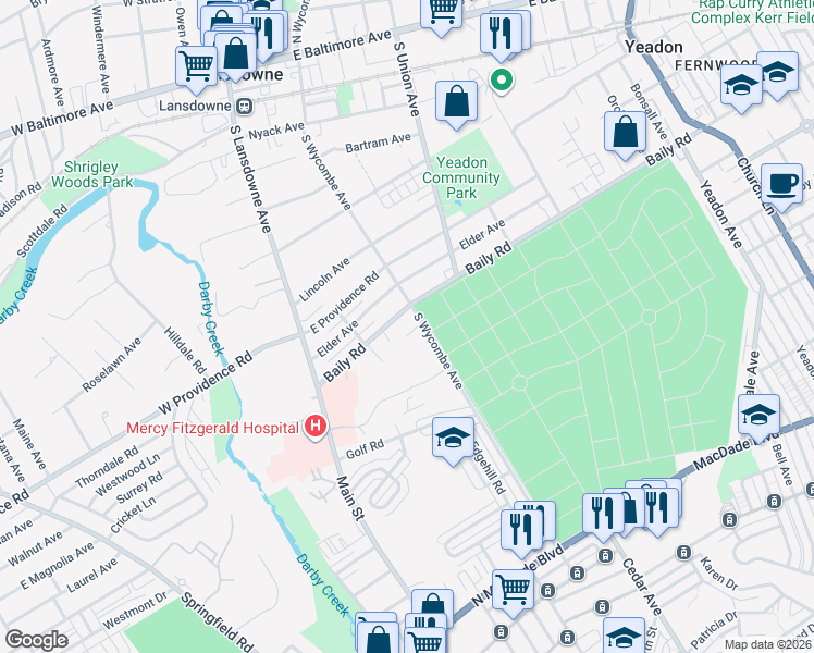 map of restaurants, bars, coffee shops, grocery stores, and more near 4 Robin Road in Yeadon
