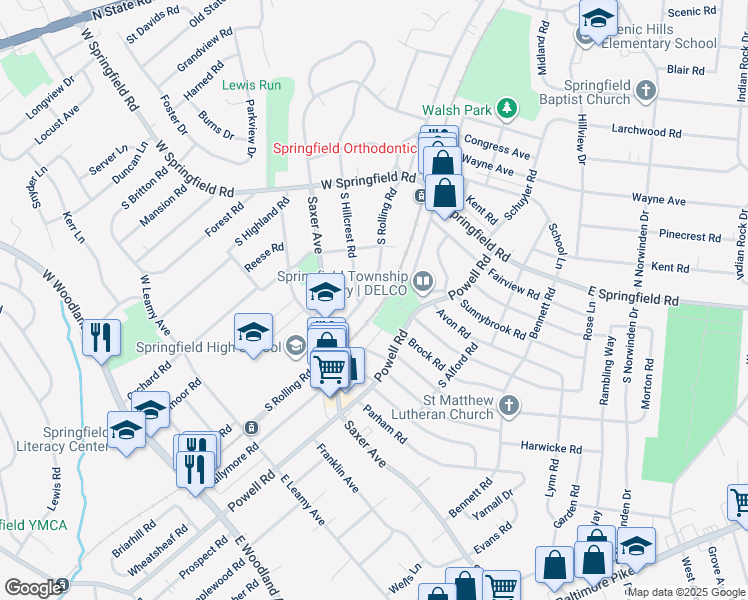 map of restaurants, bars, coffee shops, grocery stores, and more near 121 South Rolling Road in Springfield