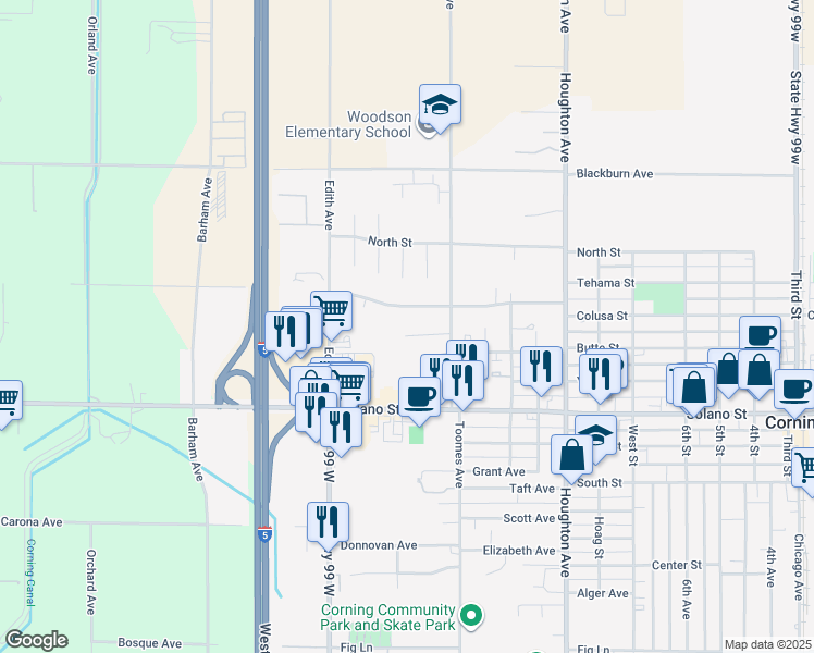 map of restaurants, bars, coffee shops, grocery stores, and more near 2076 Dolla Court in Corning