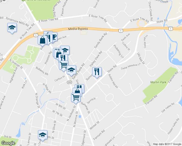 map of restaurants, bars, coffee shops, grocery stores, and more near 200 Summit Road in Media