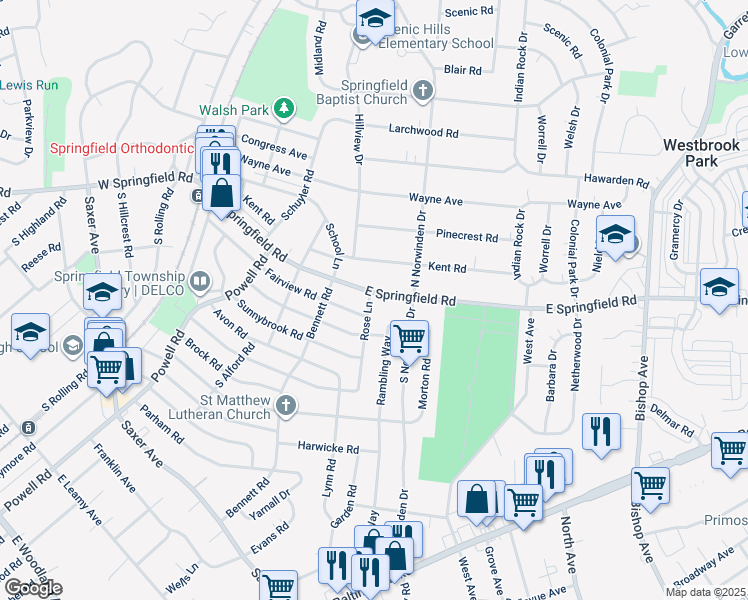 map of restaurants, bars, coffee shops, grocery stores, and more near 342 East Springfield Road in Springfield