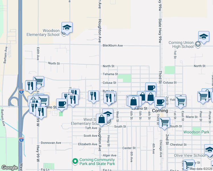 map of restaurants, bars, coffee shops, grocery stores, and more near 1603 Colusa Street in Corning