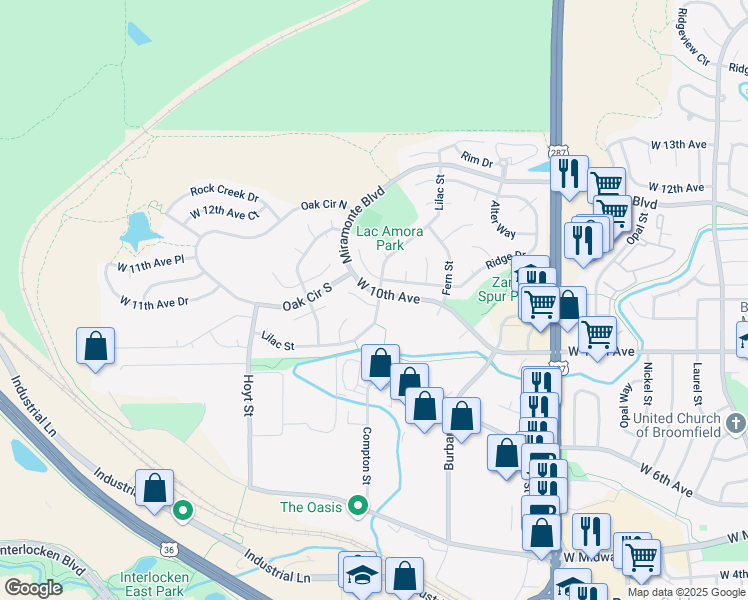 map of restaurants, bars, coffee shops, grocery stores, and more near 1087 Lilac Street in Broomfield
