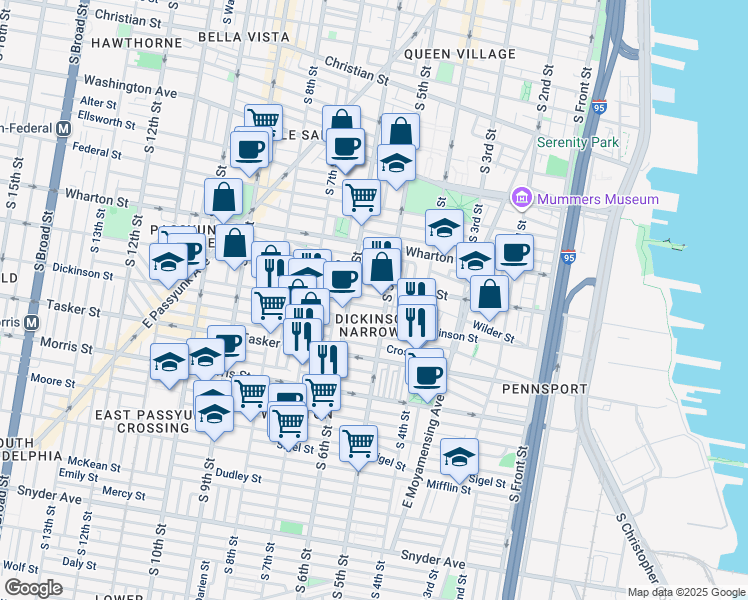 map of restaurants, bars, coffee shops, grocery stores, and more near 512 Gerritt Street in Philadelphia