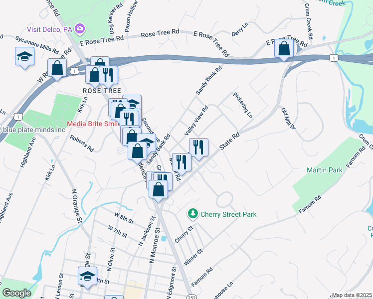 map of restaurants, bars, coffee shops, grocery stores, and more near 200 Summit Road in Media