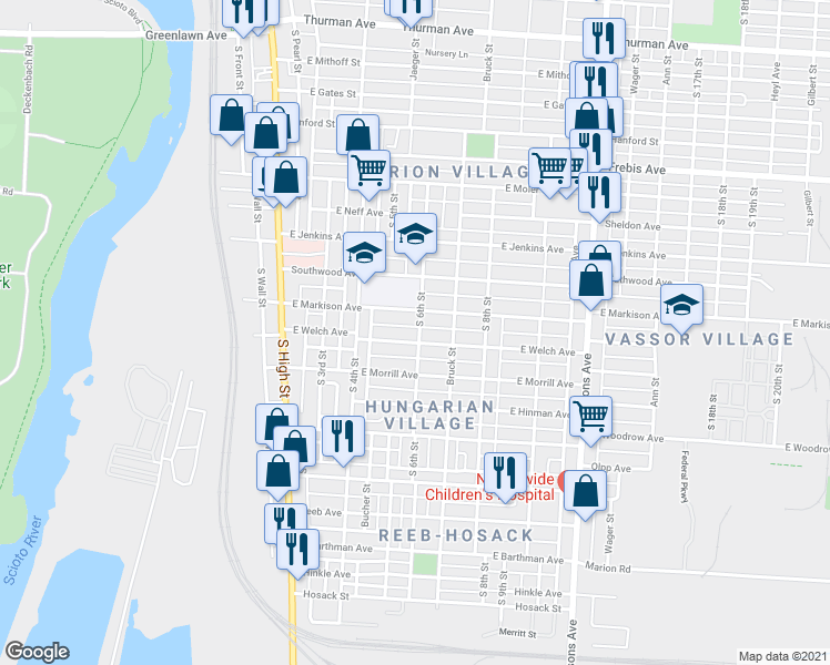 map of restaurants, bars, coffee shops, grocery stores, and more near 1567 South 6th Street in Columbus
