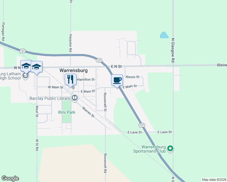 map of restaurants, bars, coffee shops, grocery stores, and more near 465 East Main Street in Warrensburg