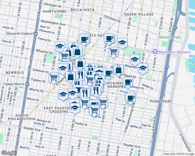 map of restaurants, bars, coffee shops, grocery stores, and more near 1443 South Beulah Street in Philadelphia