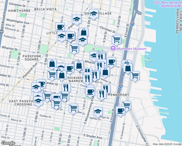 map of restaurants, bars, coffee shops, grocery stores, and more near 1429 South 4th Street in Philadelphia
