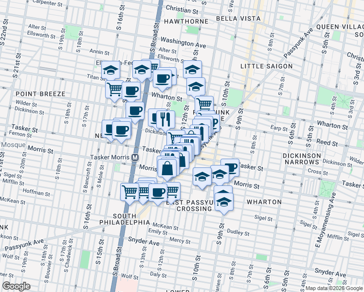 map of restaurants, bars, coffee shops, grocery stores, and more near 1600 South 12th Street in Philadelphia