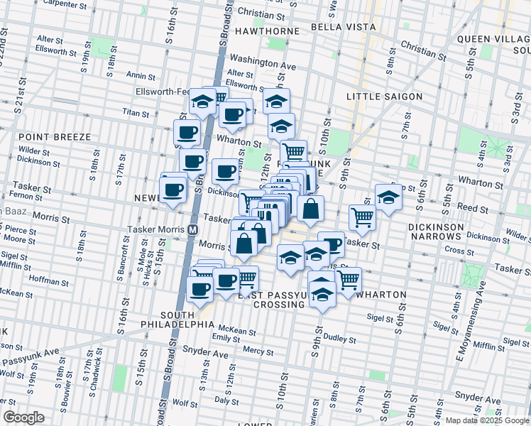 map of restaurants, bars, coffee shops, grocery stores, and more near 1135 Linn Street in Philadelphia