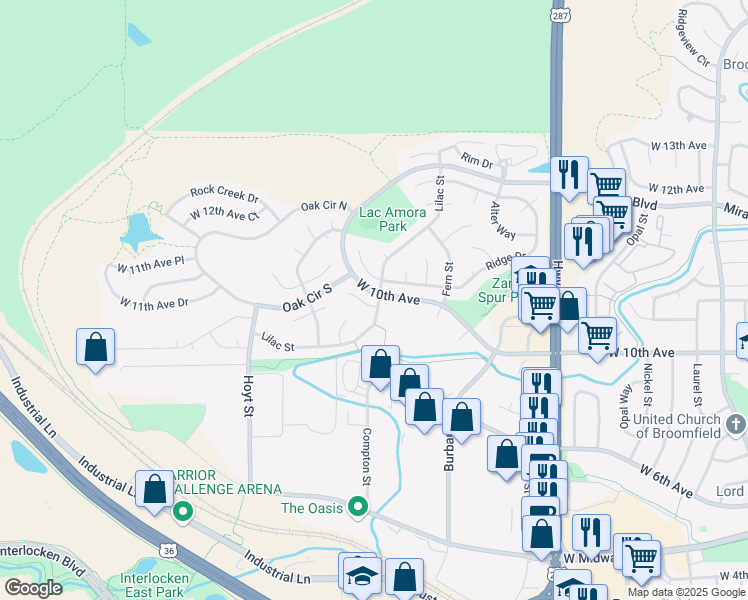 map of restaurants, bars, coffee shops, grocery stores, and more near 1087 Lilac Street in Broomfield