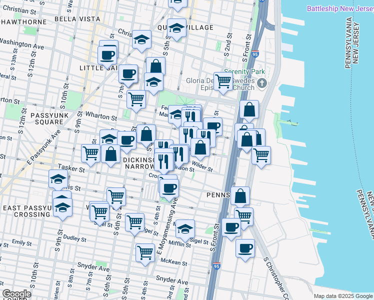 map of restaurants, bars, coffee shops, grocery stores, and more near Reed St & S 3rd St in Philadelphia
