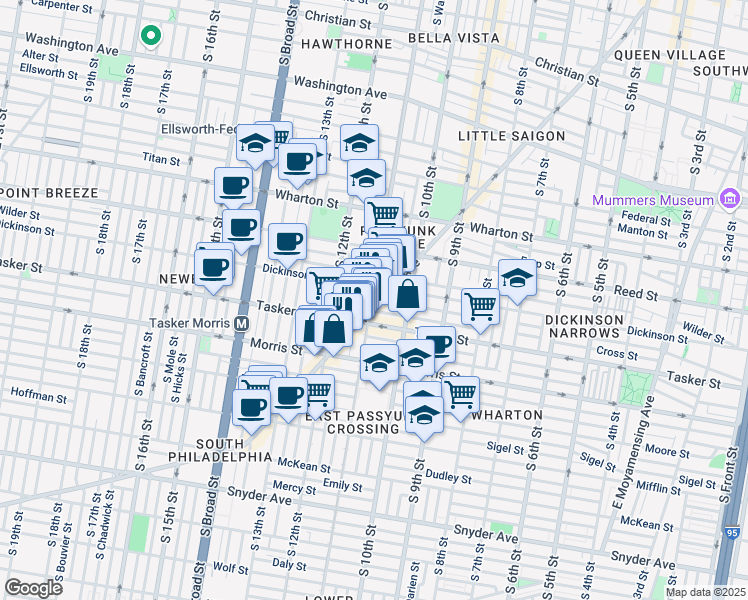 map of restaurants, bars, coffee shops, grocery stores, and more near 1548 East Passyunk Avenue in Philadelphia