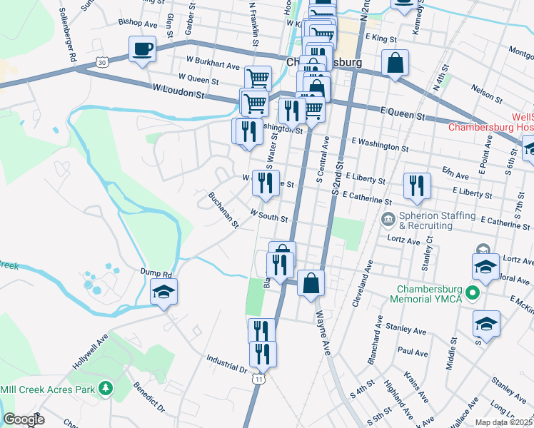 map of restaurants, bars, coffee shops, grocery stores, and more near 73 West South Street in Chambersburg