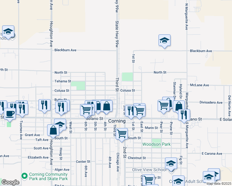 map of restaurants, bars, coffee shops, grocery stores, and more near 1122 Butte St in Corning