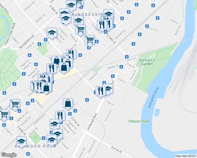 map of restaurants, bars, coffee shops, grocery stores, and more near 5700 Wheeler Street in Philadelphia