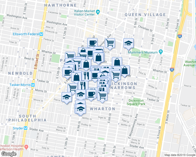 map of restaurants, bars, coffee shops, grocery stores, and more near 1441 South 8th Street in Philadelphia