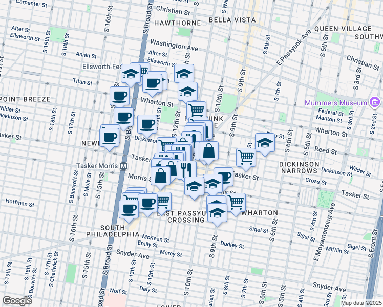 map of restaurants, bars, coffee shops, grocery stores, and more near 1518 East Passyunk Avenue in Philadelphia