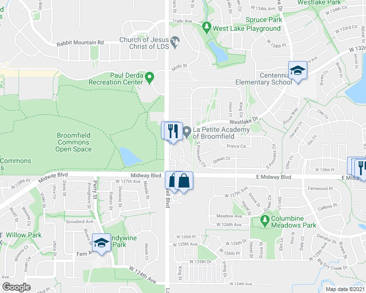 map of restaurants, bars, coffee shops, grocery stores, and more near 12852 King Street in Broomfield