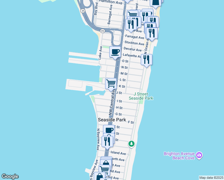 map of restaurants, bars, coffee shops, grocery stores, and more near 133 I Street in Seaside Park