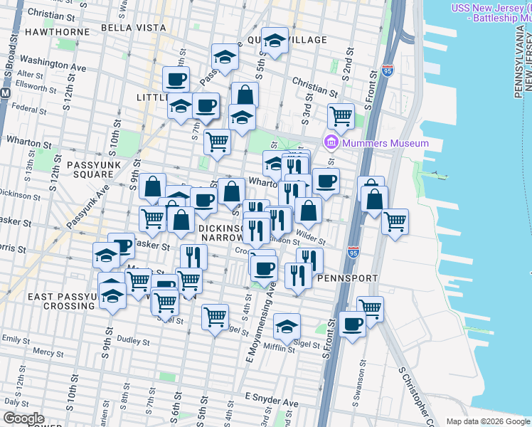 map of restaurants, bars, coffee shops, grocery stores, and more near 1429 South 4th Street in Philadelphia