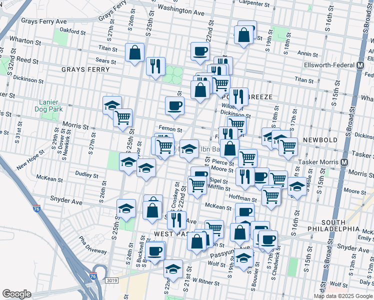 map of restaurants, bars, coffee shops, grocery stores, and more near 2142 Pierce Street in Philadelphia