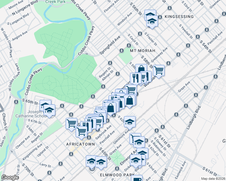 map of restaurants, bars, coffee shops, grocery stores, and more near 2052 South 61st Street in Philadelphia