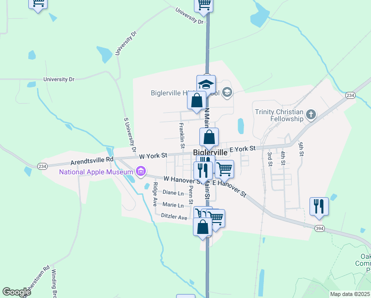 map of restaurants, bars, coffee shops, grocery stores, and more near 9 Penn Street in Biglerville