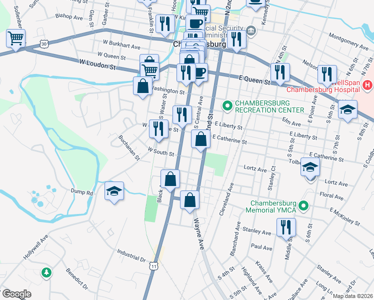 map of restaurants, bars, coffee shops, grocery stores, and more near 502 South Main Street in Chambersburg