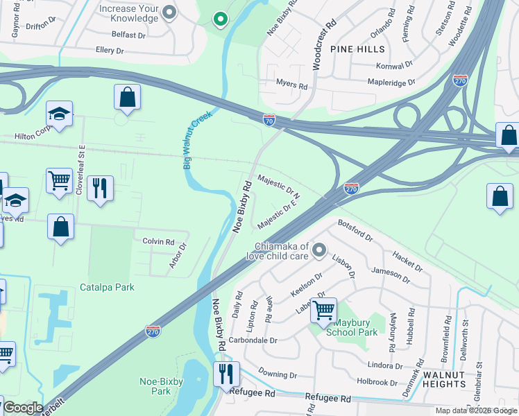 map of restaurants, bars, coffee shops, grocery stores, and more near 4910 Majestic Drive North in Columbus